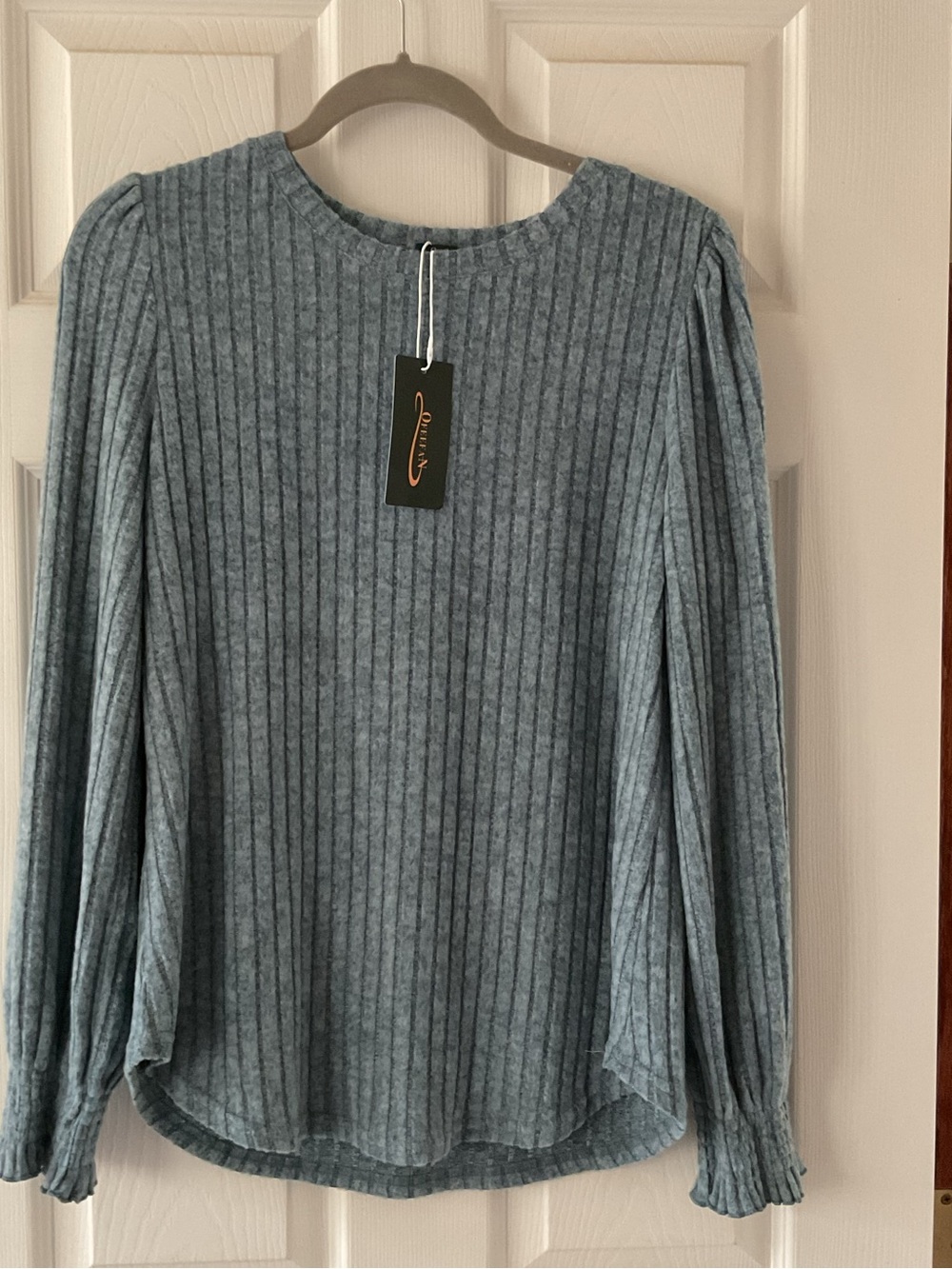 Ribbed Puff-Sleeve Long-Sleeve Top — Light Blue
